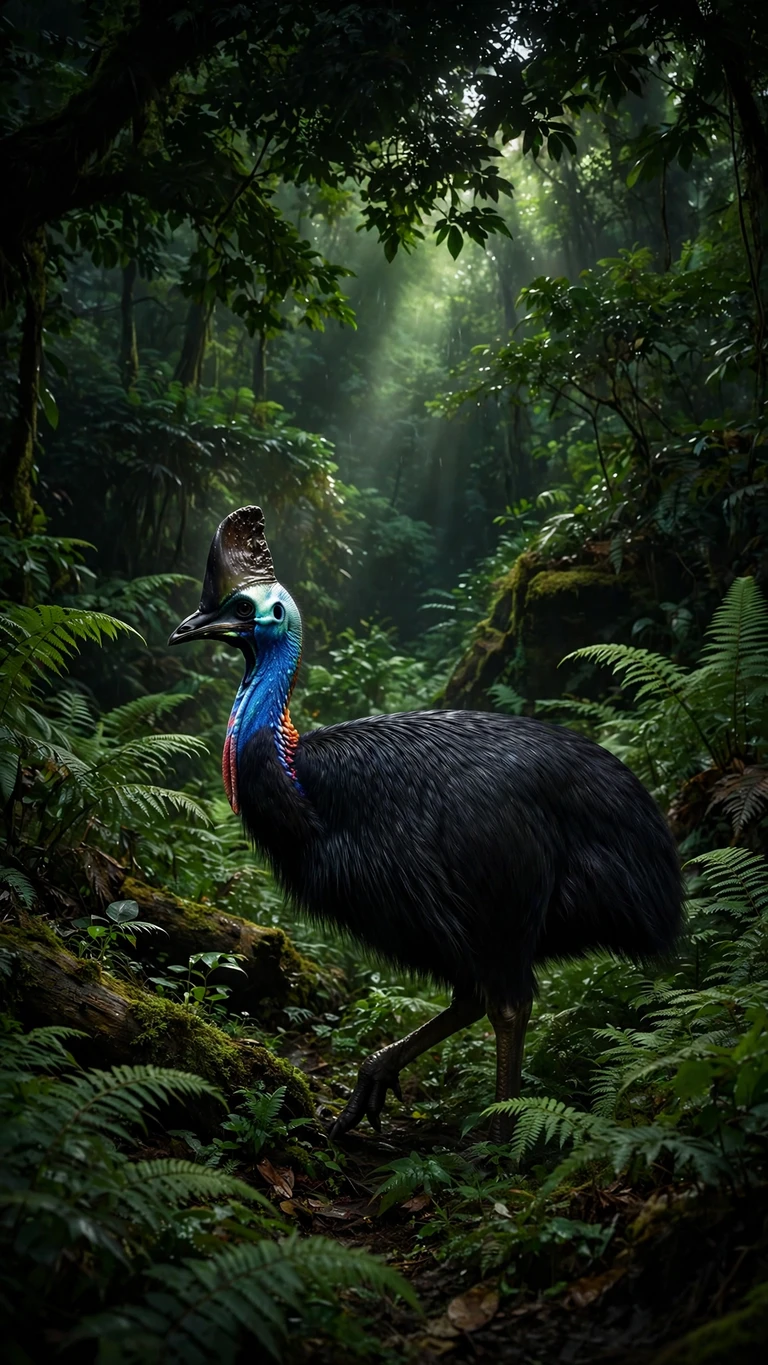 Cassowary walking through rainforest ferns wallpaper