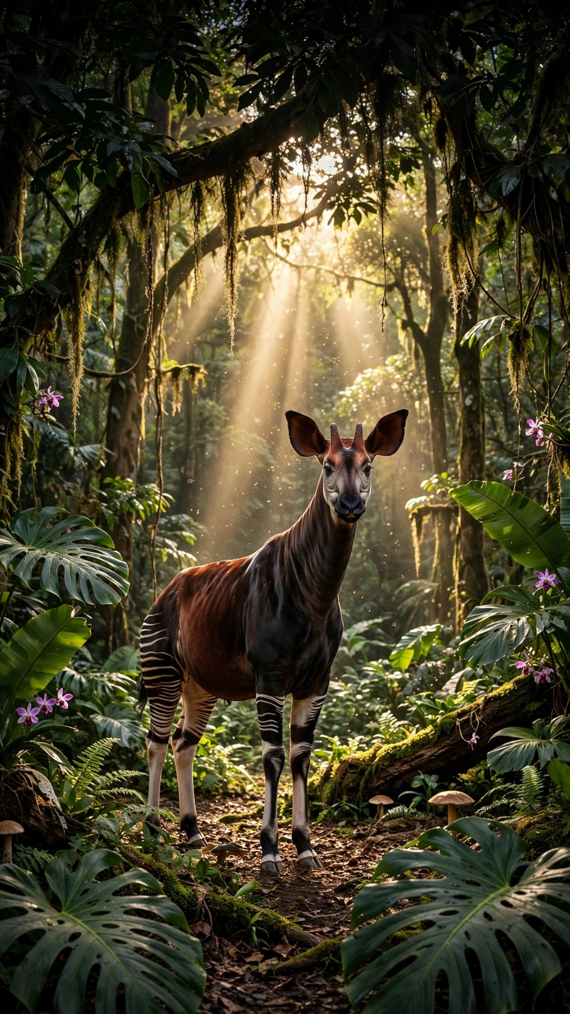Okapi standing in a sunlit Congo rainforest clearing wallpaper