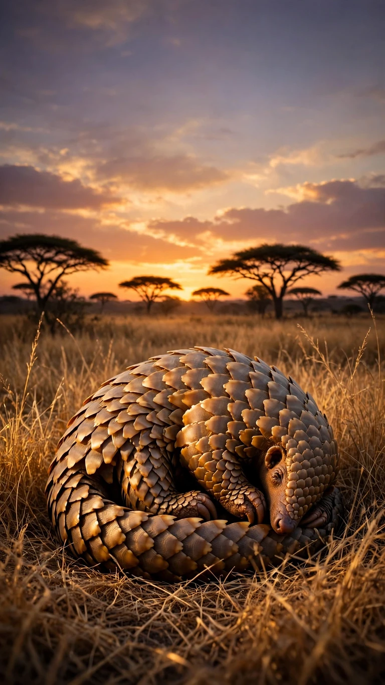 Pangolin curled in golden grass at savanna dusk wallpaper