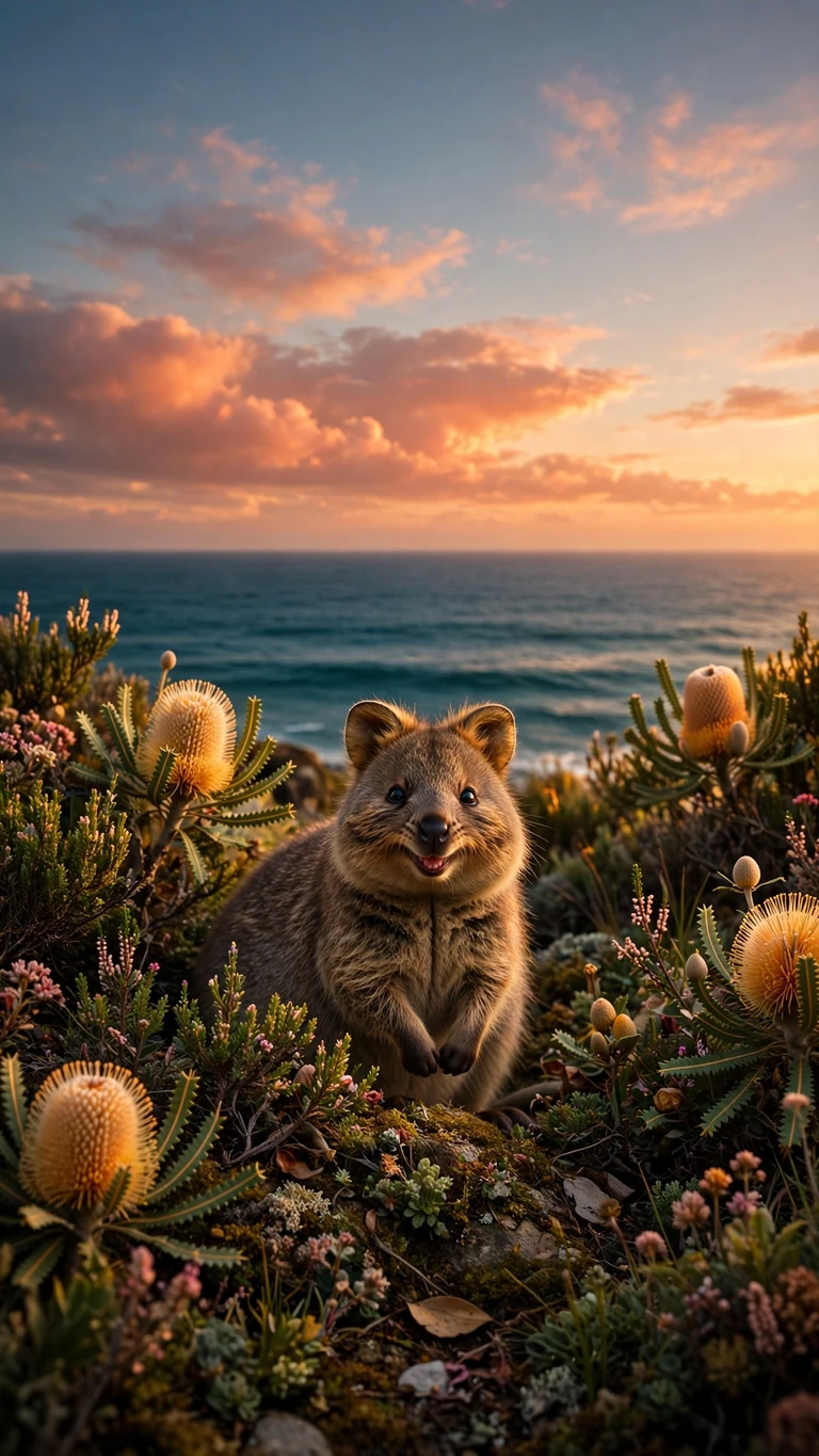 Smiling quokka among coastal heath flowers at sunset wallpaper