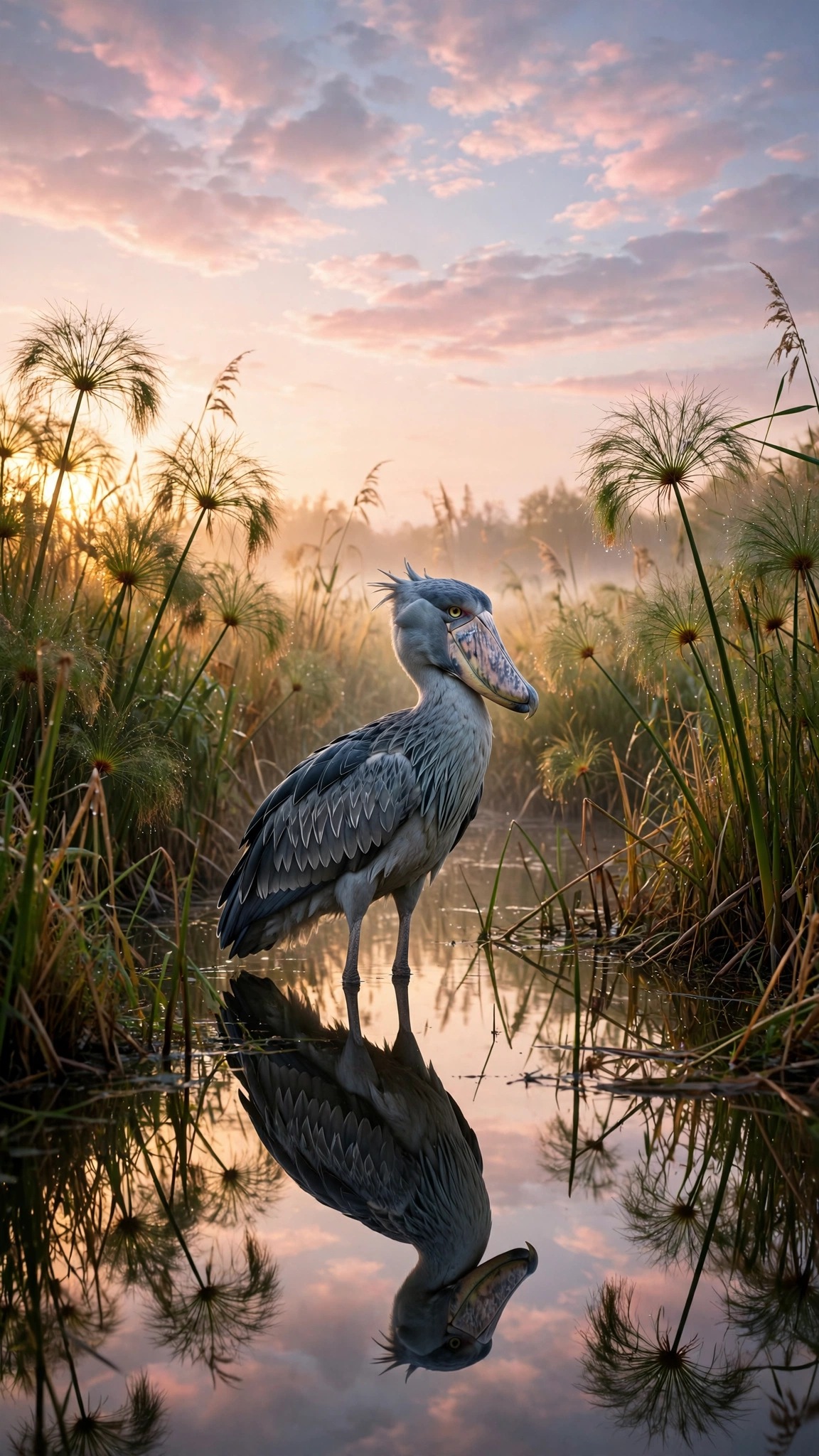 Shoebill standing among papyrus reeds at dawn wallpaper