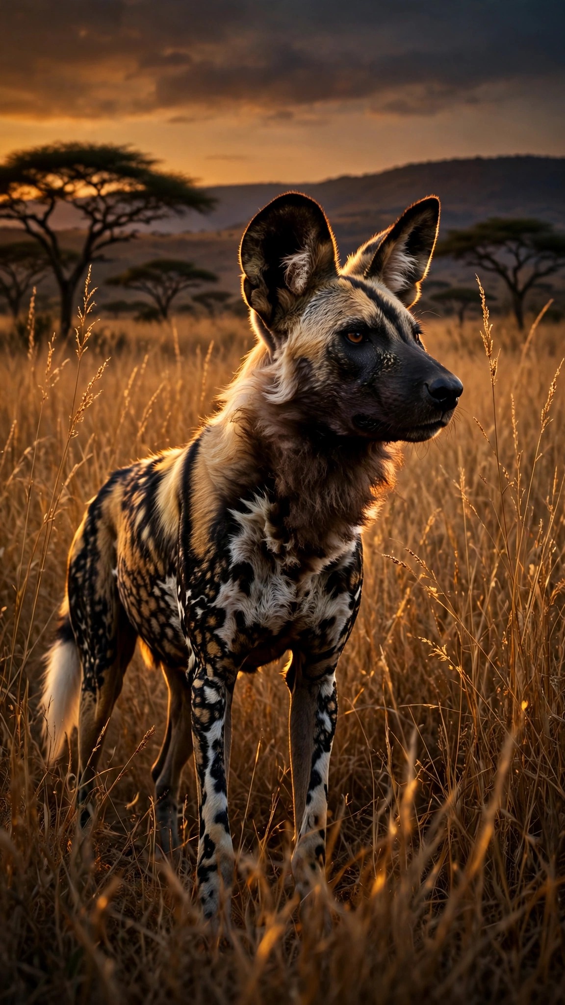 African wild dog with mottled coat standing alert in golden savanna grass at dusk