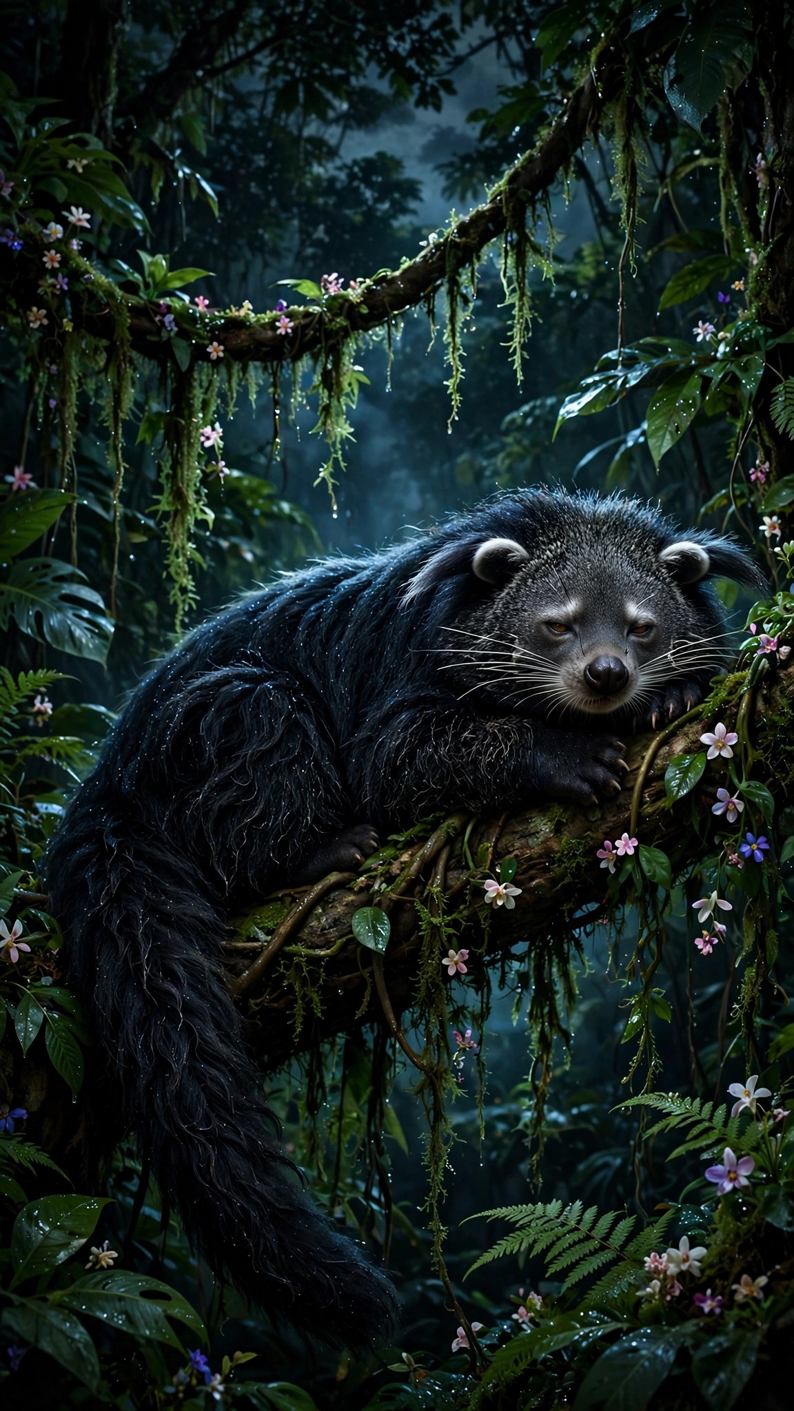 Shaggy black binturong with white-tipped ears resting on a vine-draped jungle branch at night