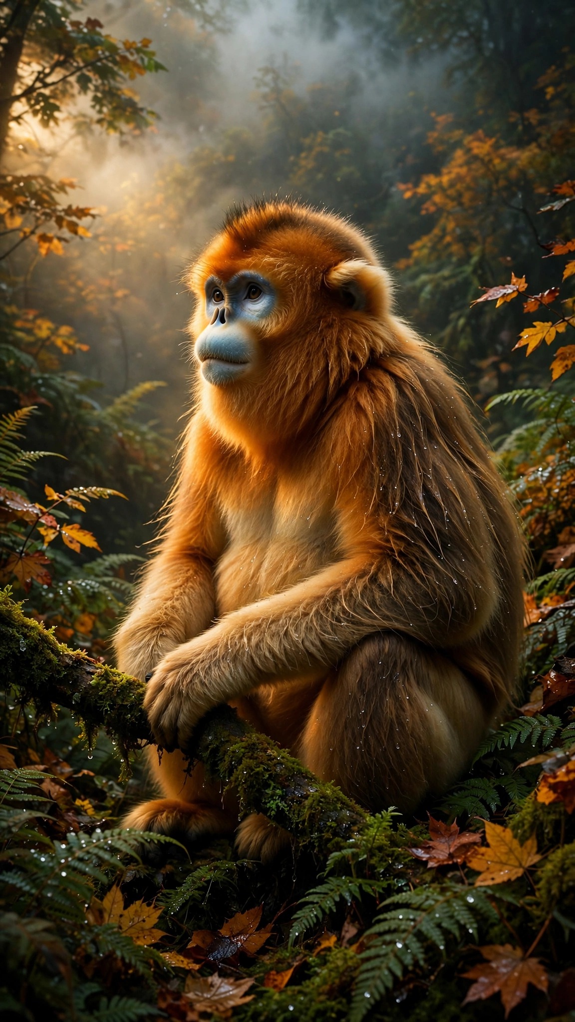 Golden snub-nosed monkey with orange fur on a mossy branch in a misty autumn forest