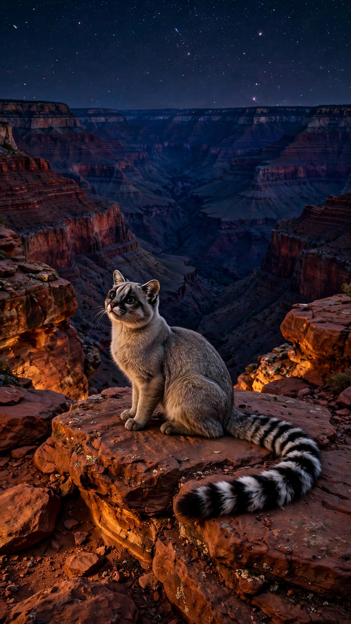 Ringtail cat with banded tail sitting on a red-rock canyon ledge under stars at night