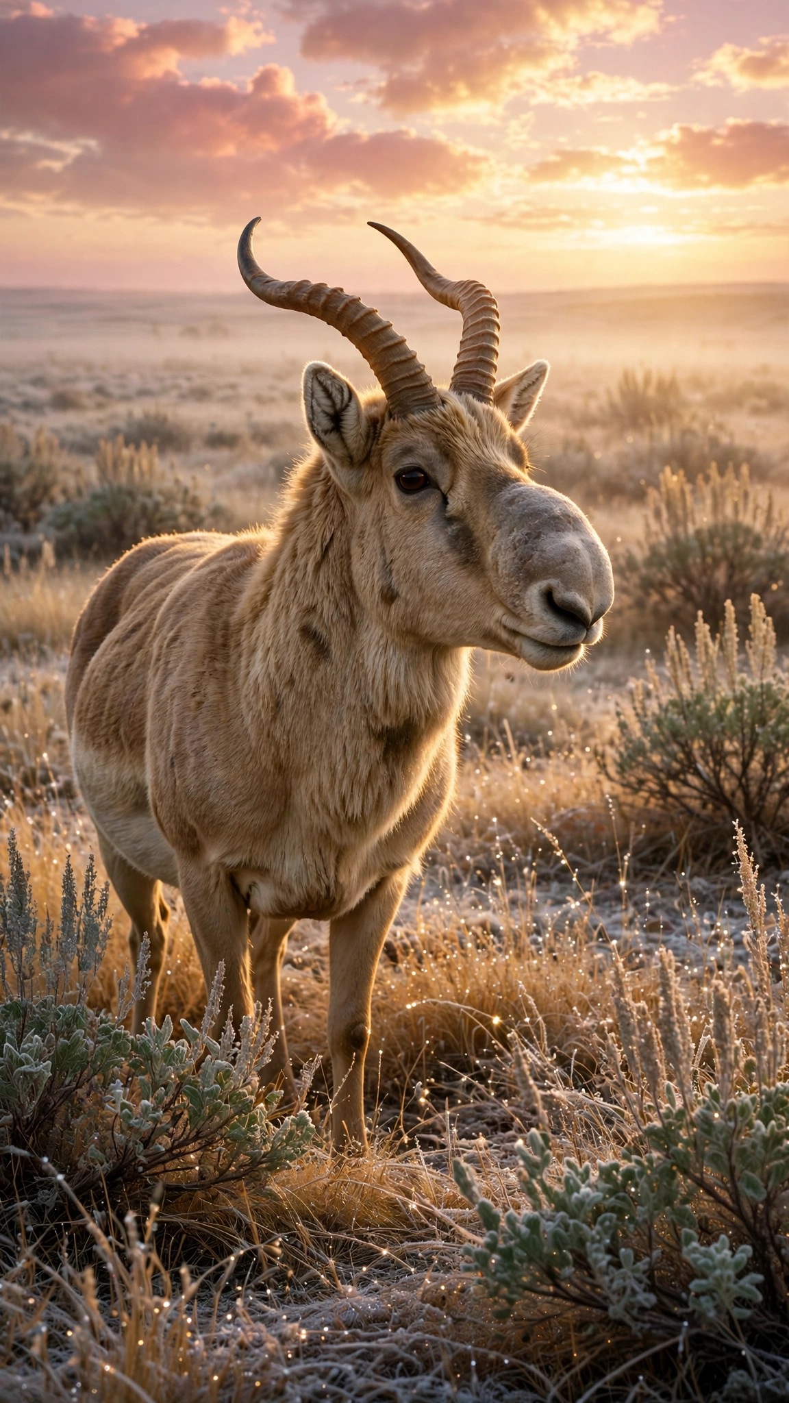 Saiga antelope with bulbous nose standing on frost-touched steppe grass at sunrise