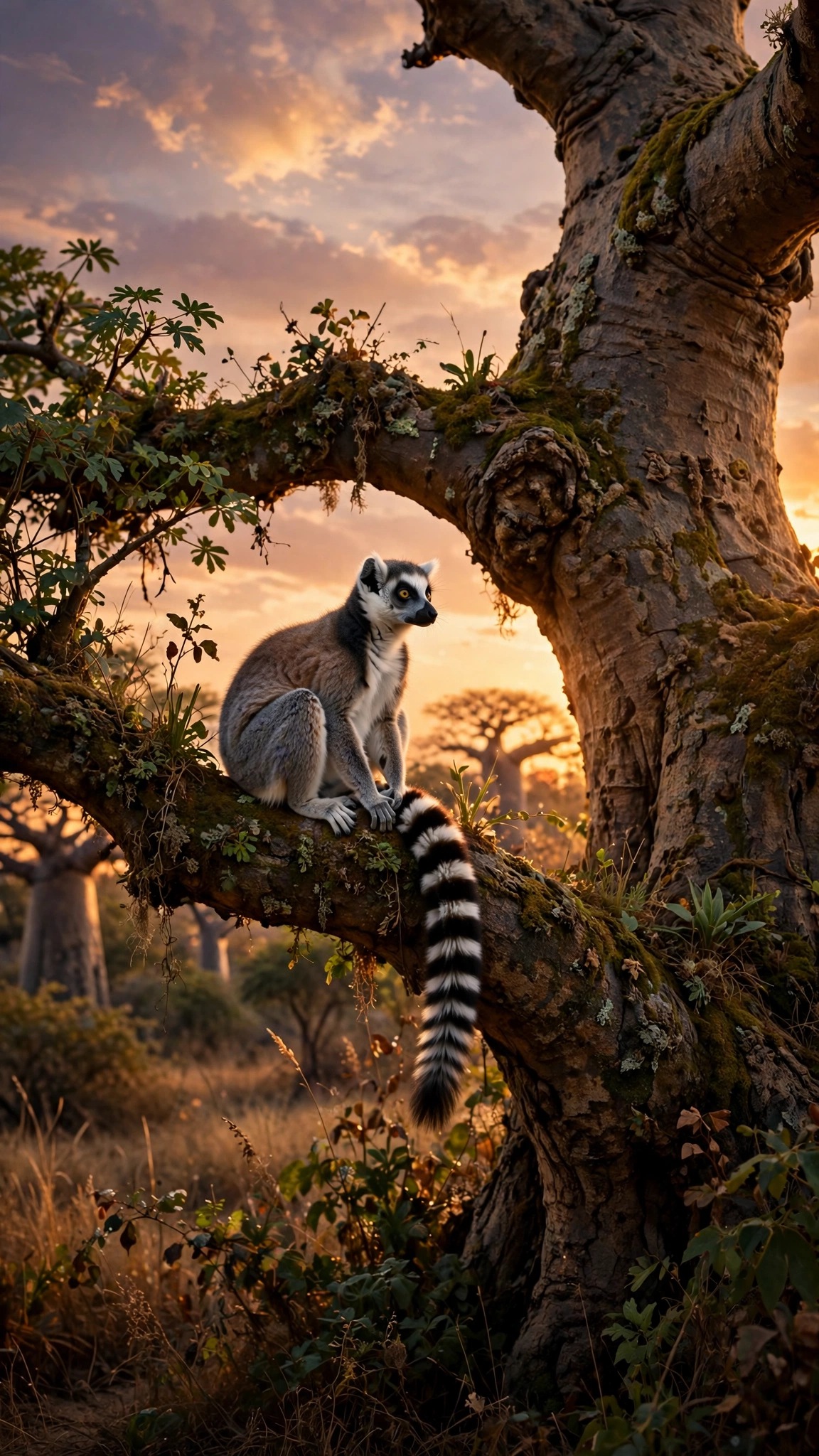 Ring-Tailed Lemur by a Baobab - free phone wallpaper