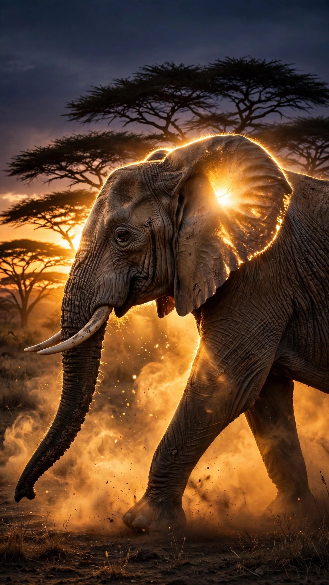 An African elephant walks through golden dust at sunset, sun glowing through its ear beneath acacia trees.