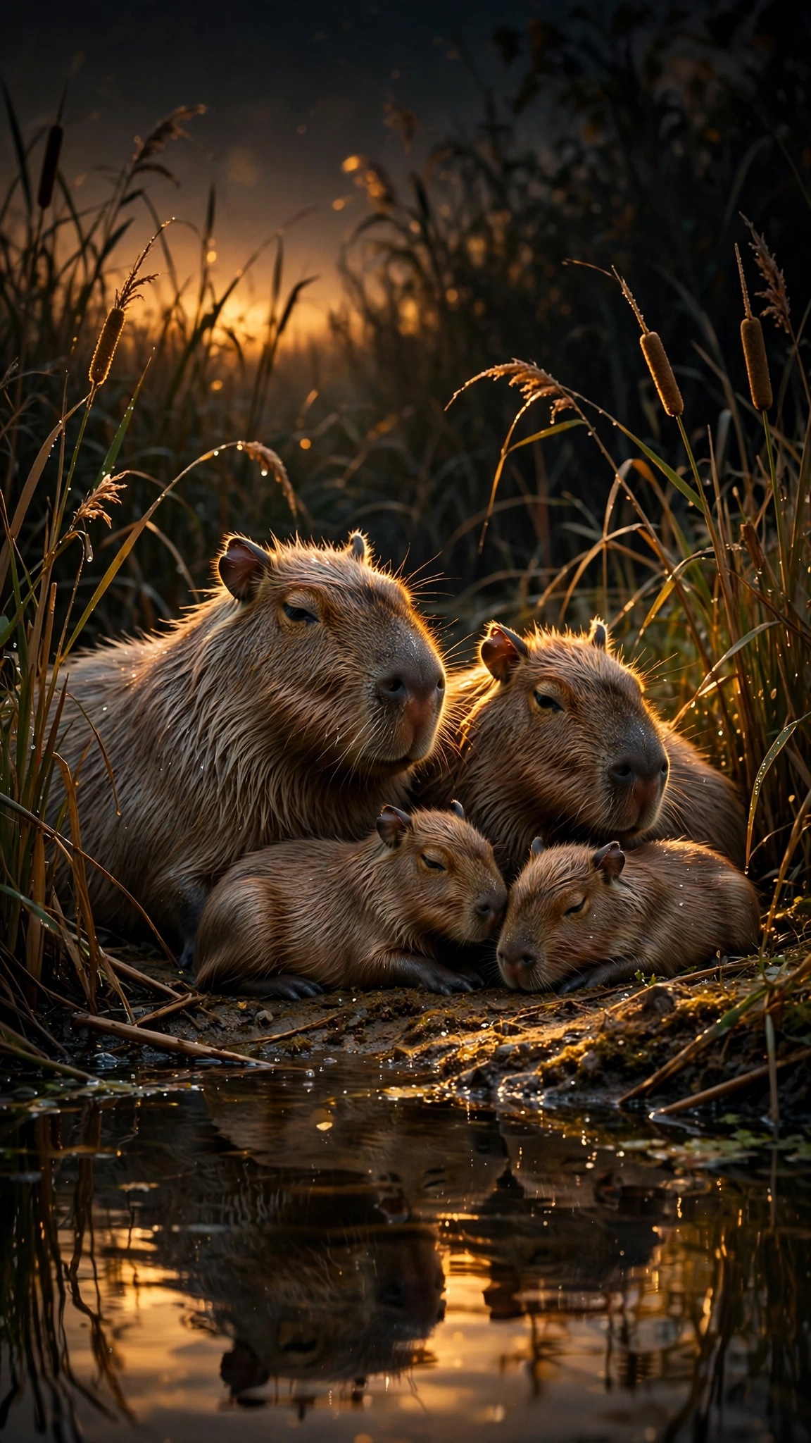 A capybara family rests on a golden riverbank at sunset, warm light on wet fur and reeds reflected in calm water.