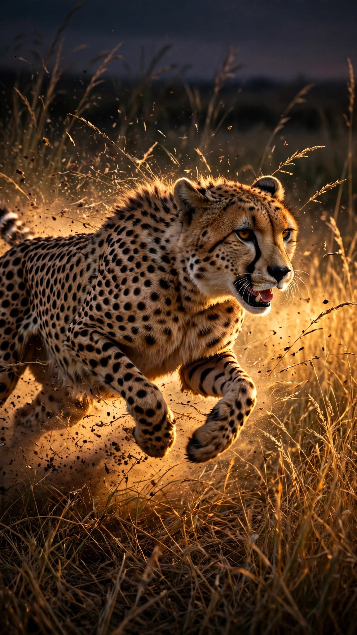 A cheetah sprints through tall golden grass at sunset, dust flying in warm backlight.