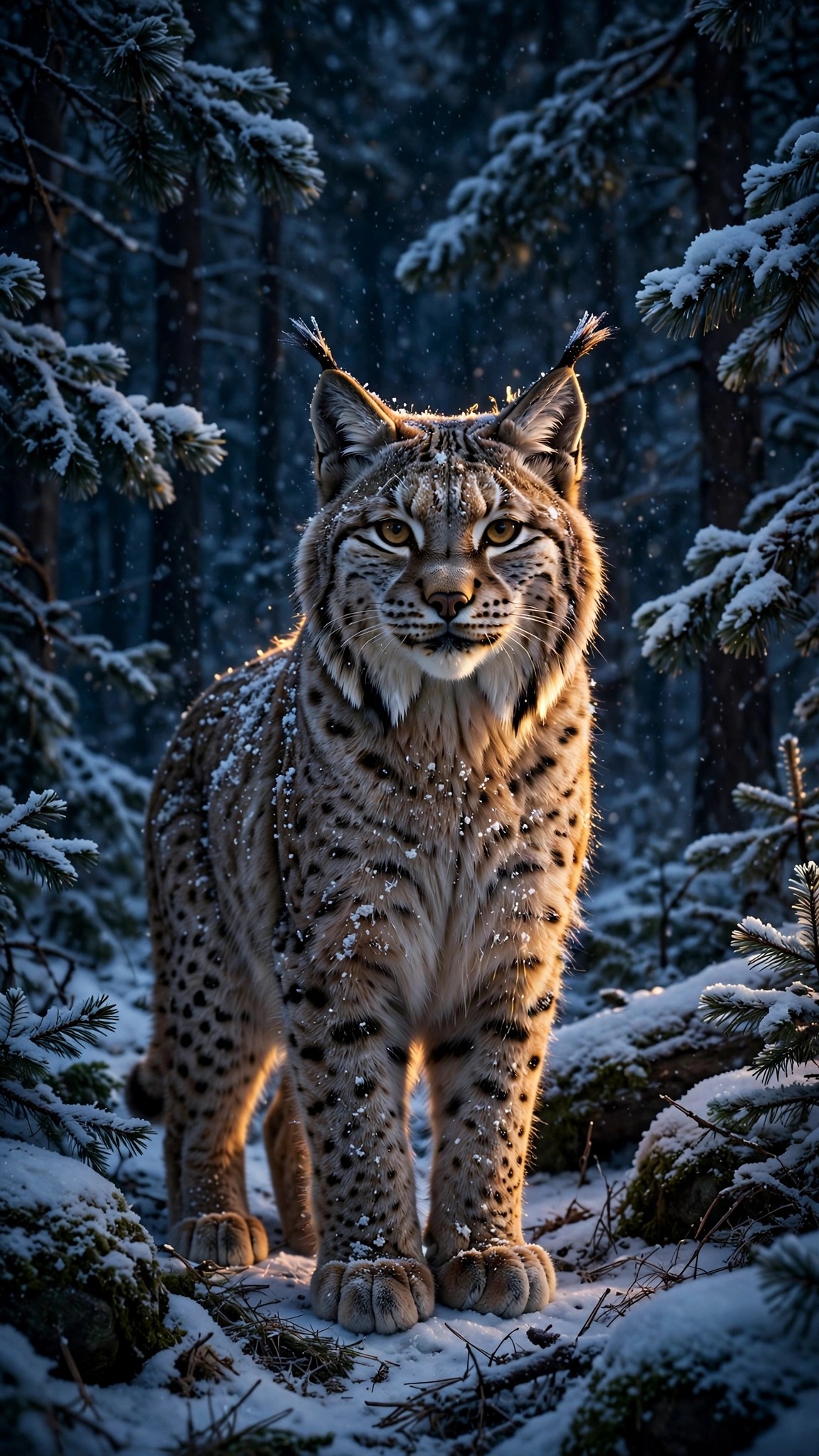 A Eurasian lynx stands in a snowy pine forest, amber eyes and snow-dusted spotted fur glowing in winter light.