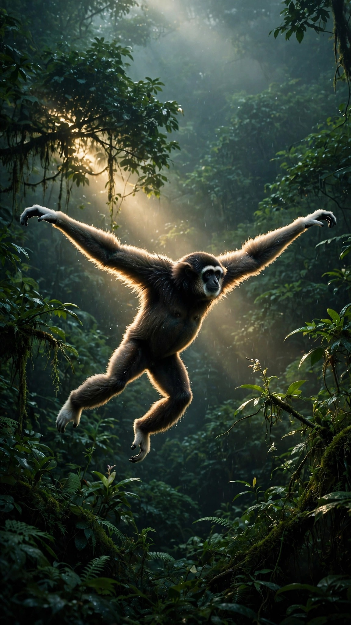 A white-handed gibbon leaps through a misty emerald canopy at dawn, long arms outstretched in golden sunbeams.
