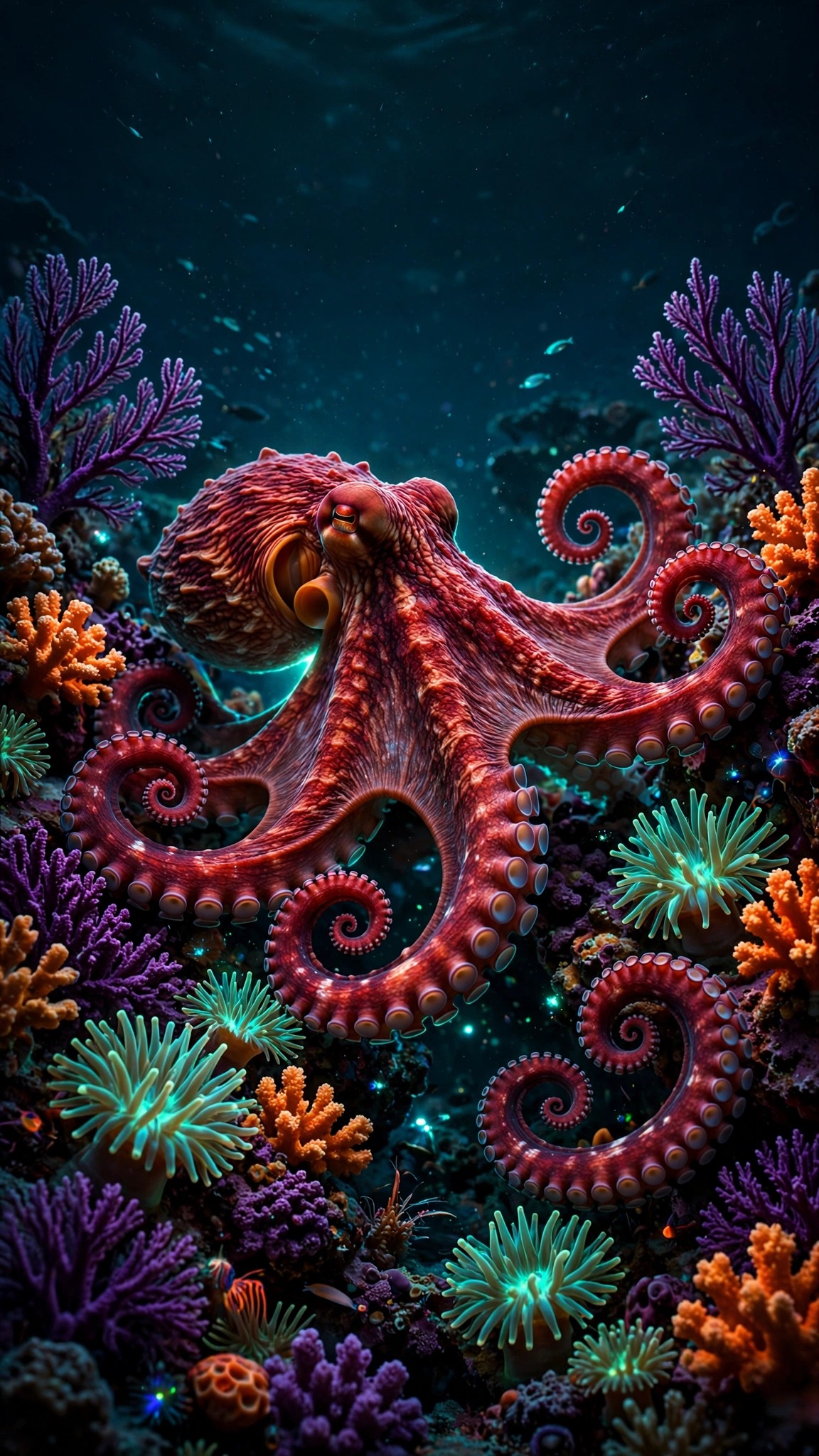 A ruby-red octopus curls over a vibrant coral reef, glowing anemones and rich corals in deep teal water.