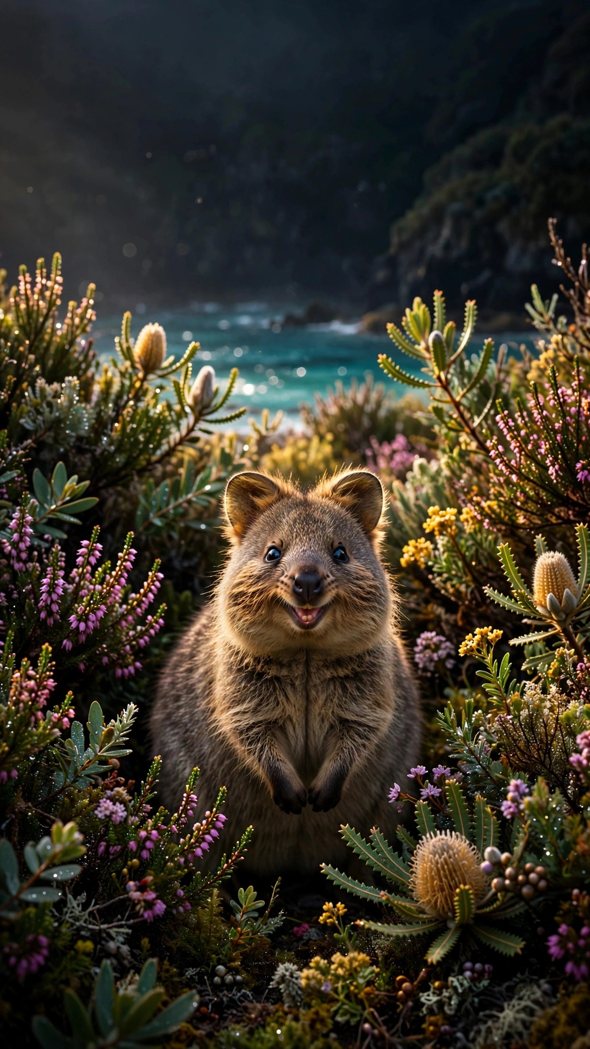 A smiling quokka sits among coastal heath flowers, turquoise sea sparkling behind it.