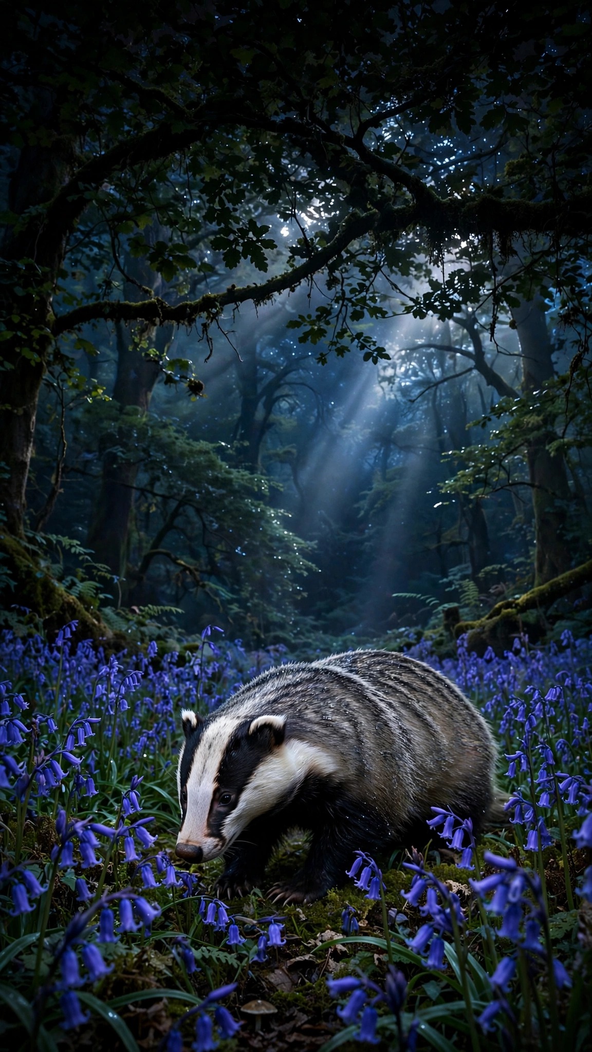 Badger Moonlit Bluebell Wood wallpaper