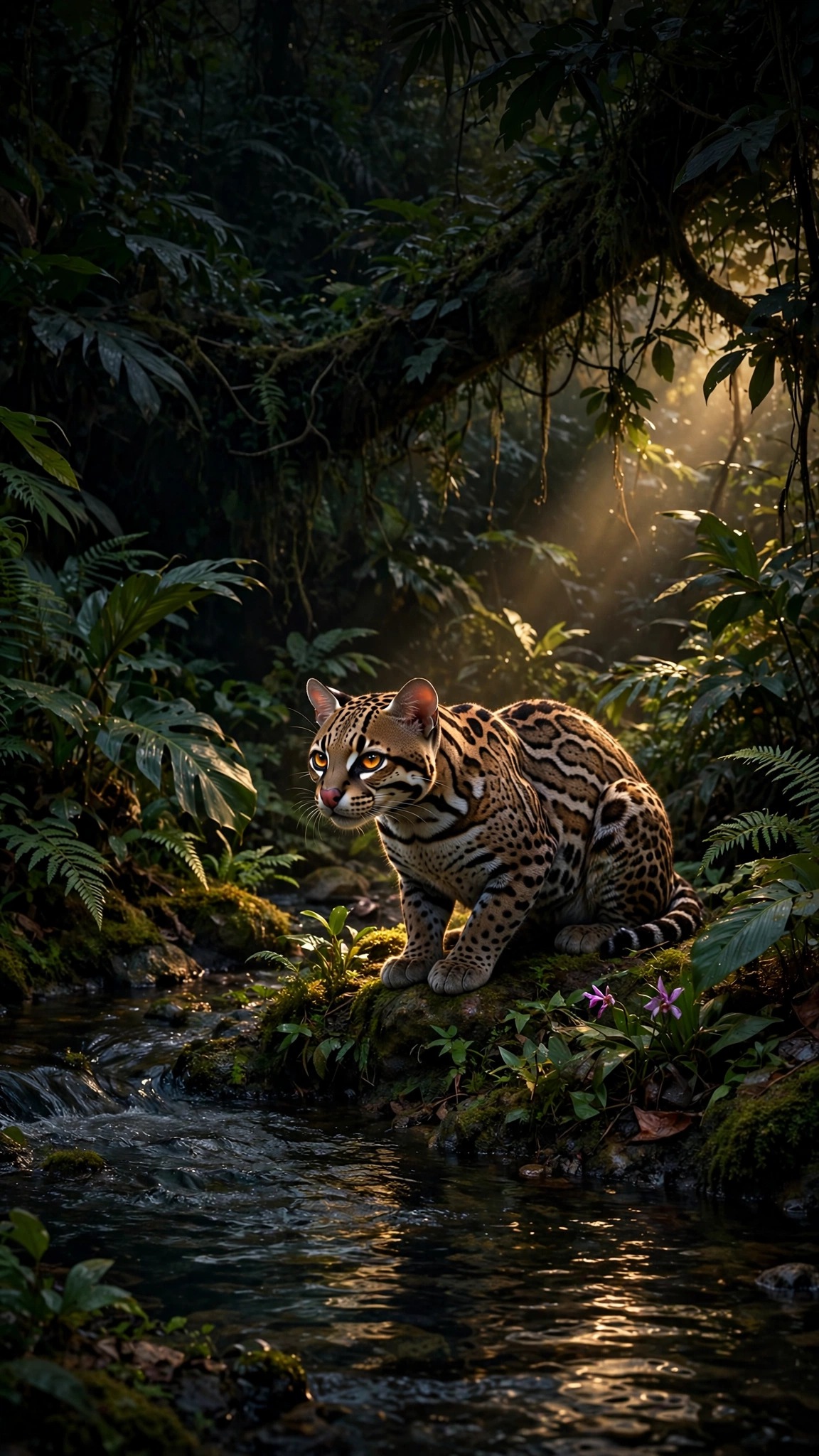 Ocelot by a Tropical Stream at Dusk wallpaper