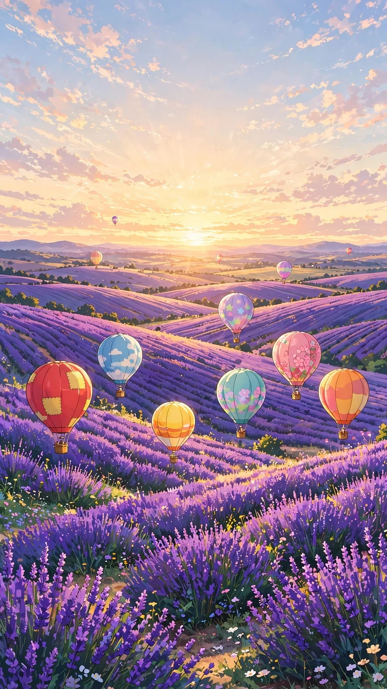 Colorful hot air balloons drifting over endless purple lavender fields at golden hour