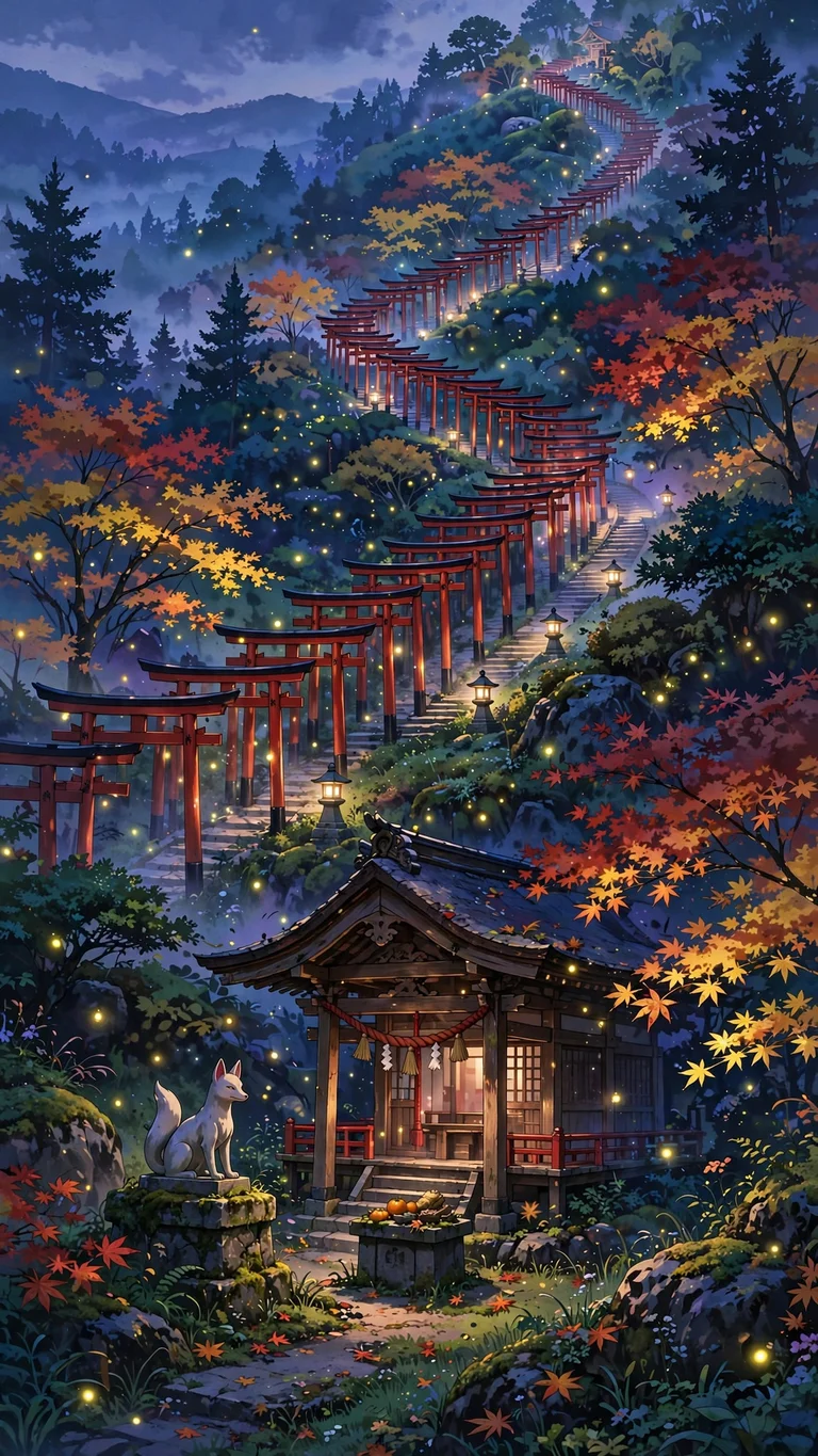 Fox shrine with rows of red torii gates winding up a hill