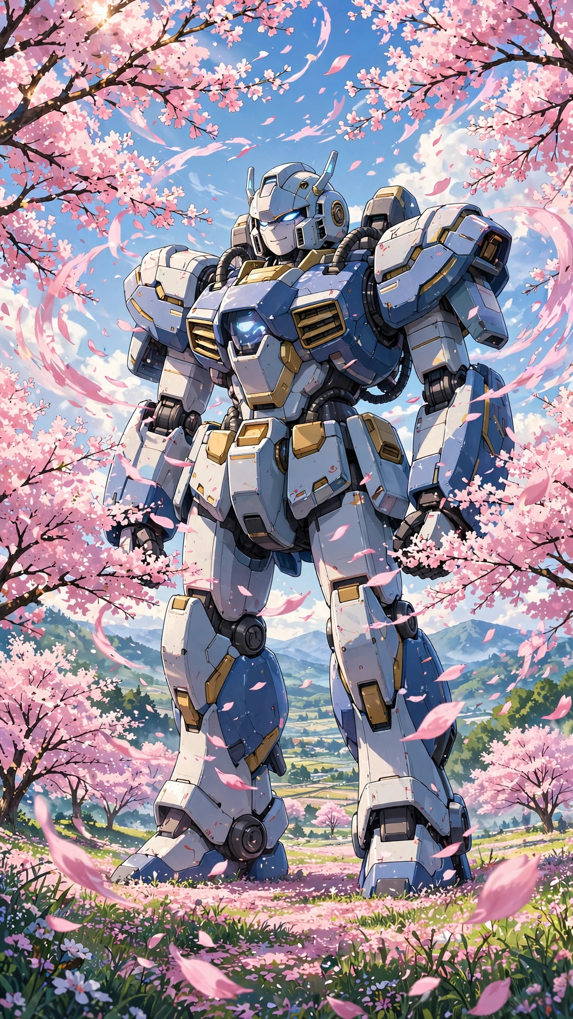 Friendly giant mecha robot standing peacefully in a cherry blossom field
