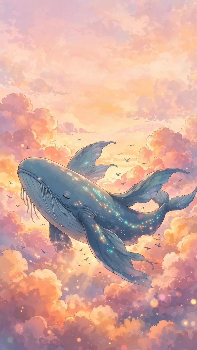 Giant sky whale drifting among pink and orange sunset clouds