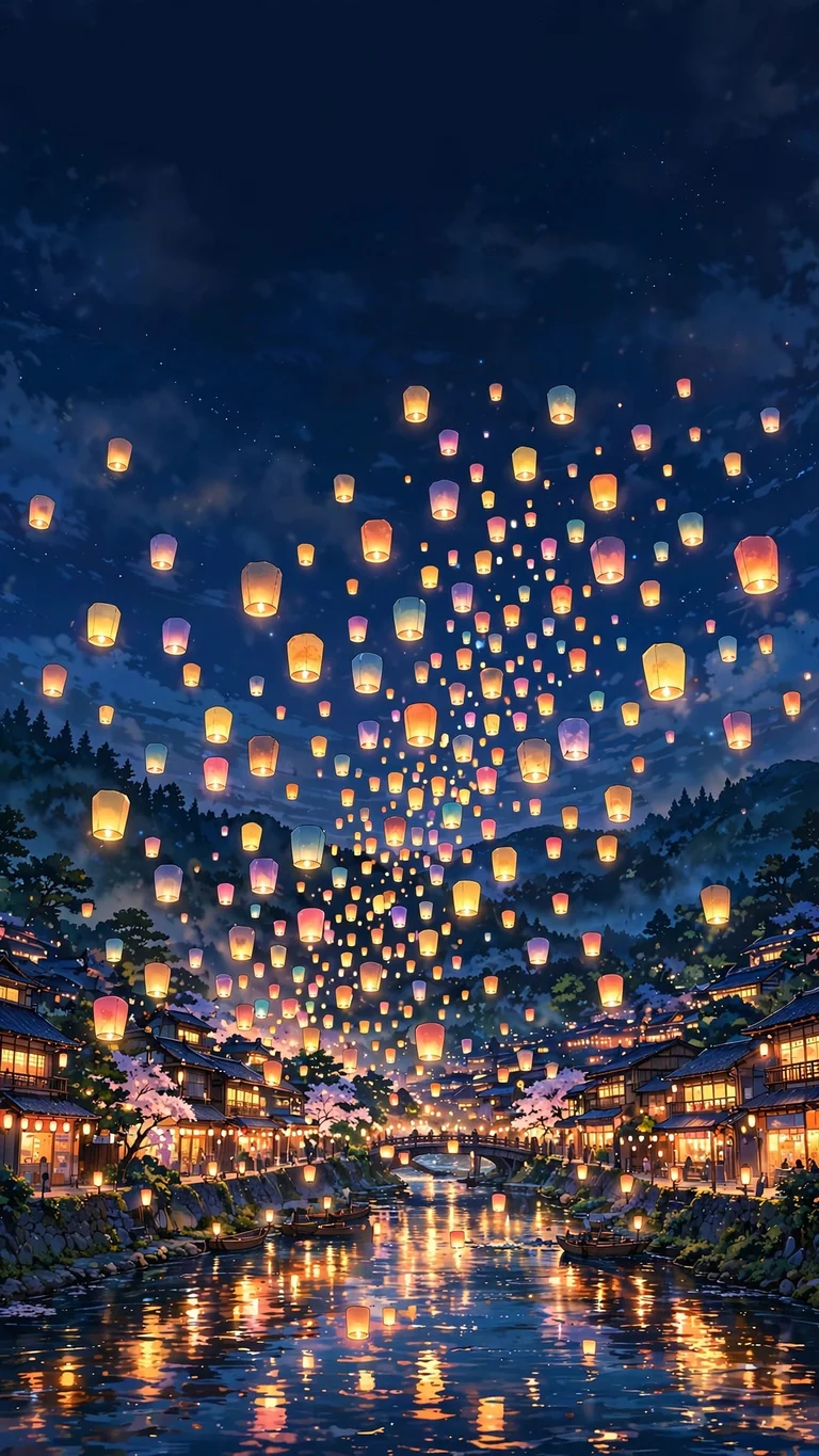 Hundreds of floating paper lanterns rising over a riverside town at night