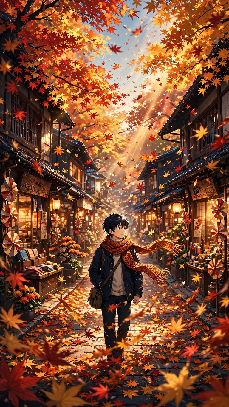 an anime boy walking down an autumn maple street