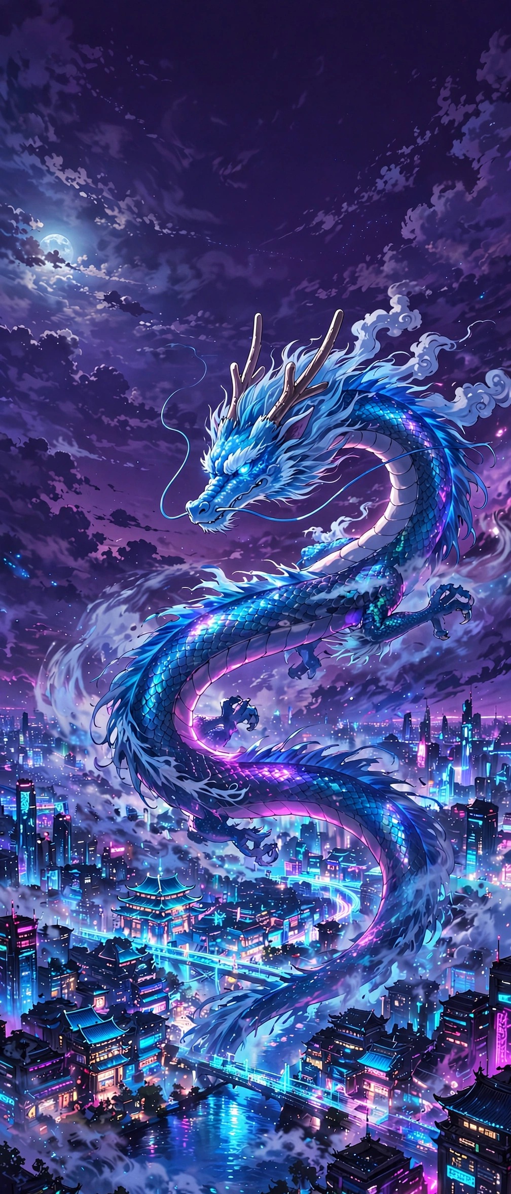 a blue eastern dragon soaring above a neon city at night