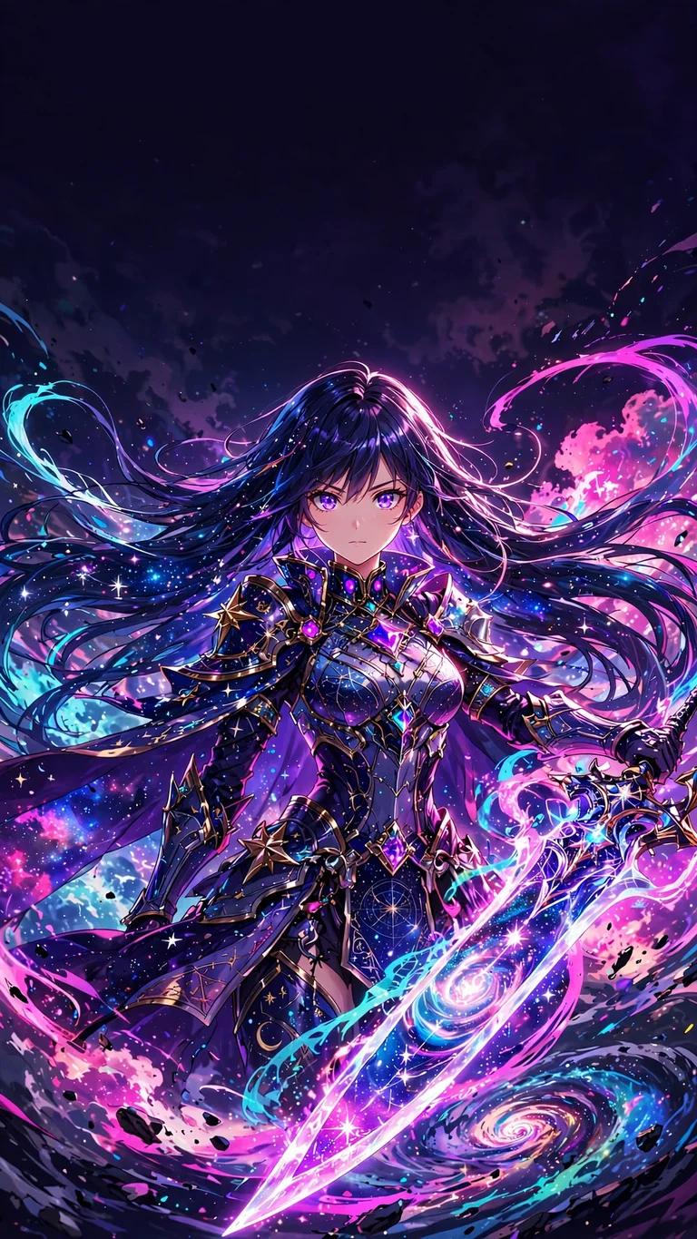 an anime celestial warrior girl with a cosmic sword