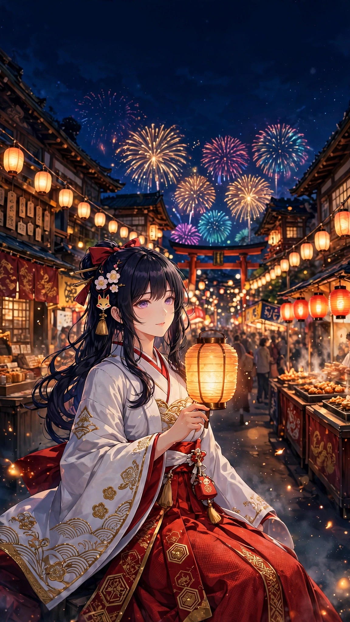 an anime shrine maiden holding a lantern at a night festival