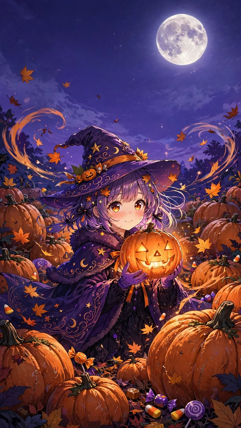 an anime witch girl holding a glowing jack-o-lantern
