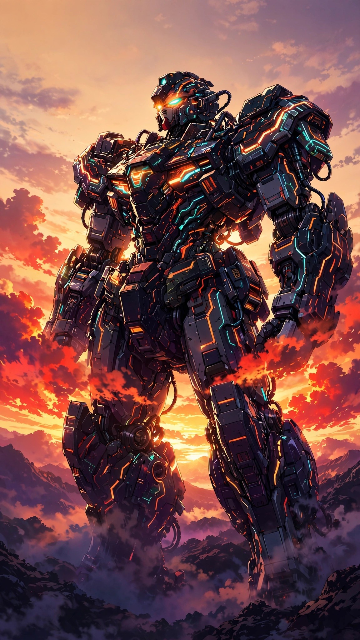 an anime mecha robot against a blazing sunset