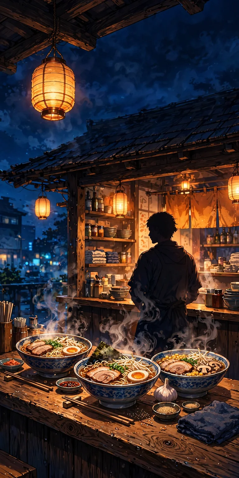an anime ramen shop glowing under lanterns at night