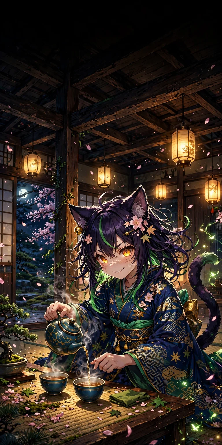 an anime cat spirit girl pouring tea in a tea house