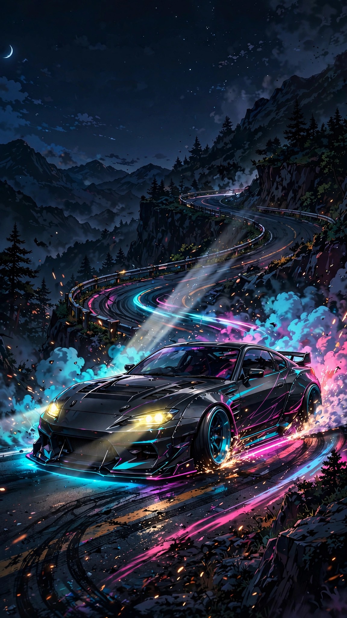 an anime racer car drifting on a mountain road at night