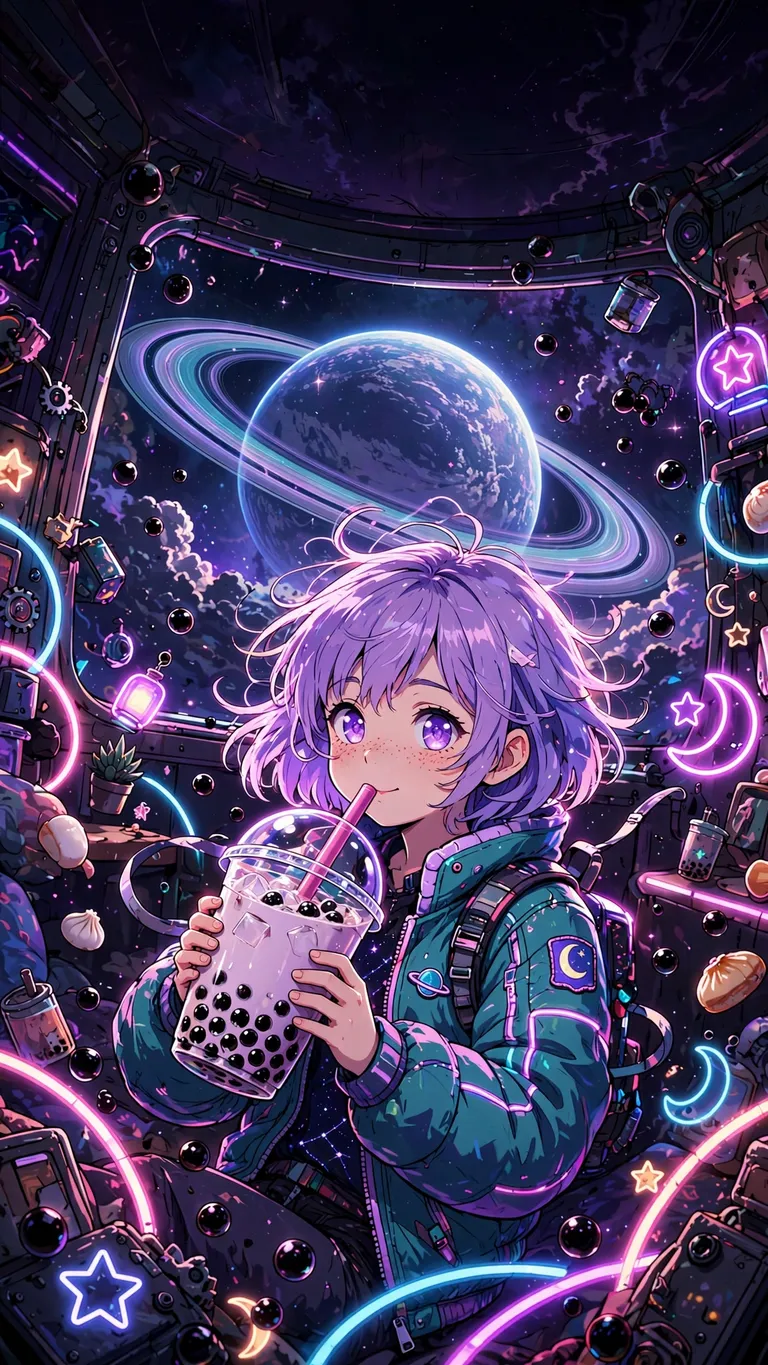 anime astronaut girl drinking bubble tea in space cafe wallpaper