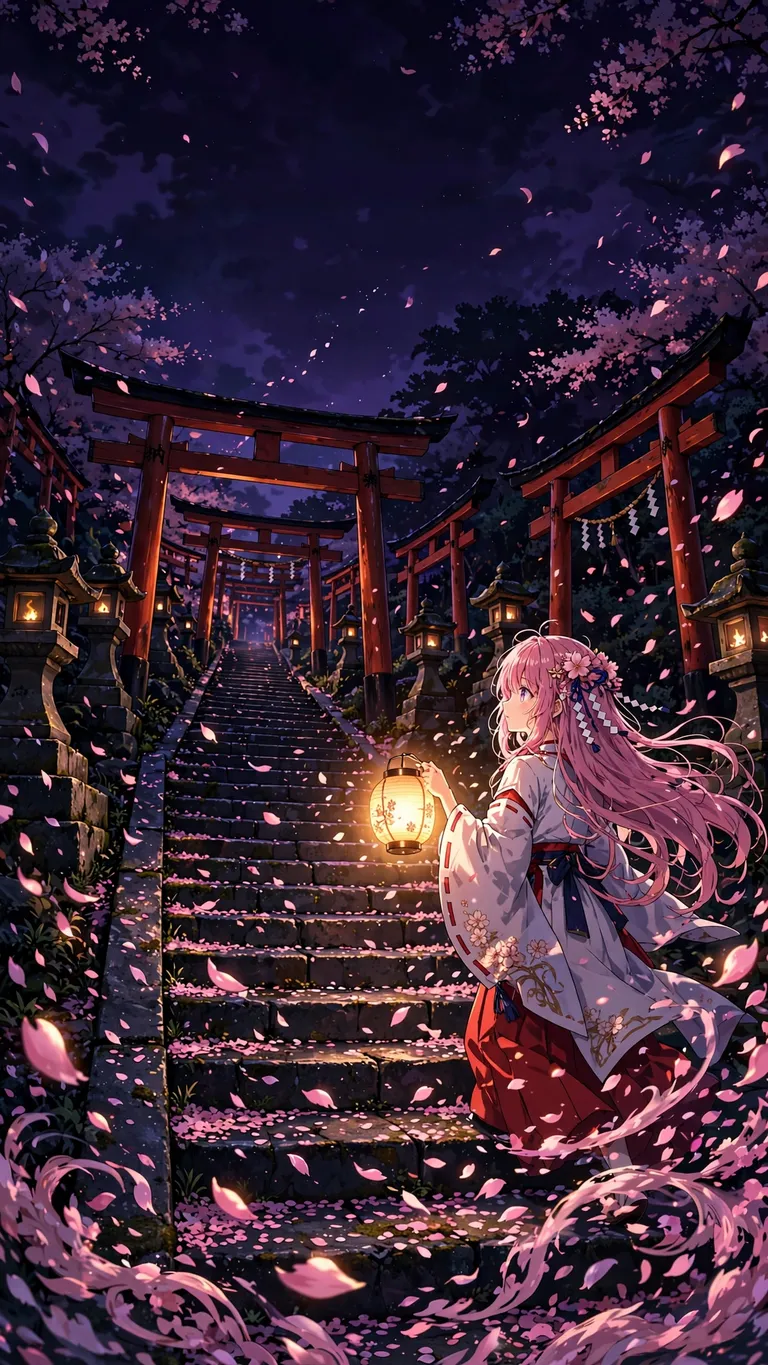anime shrine maiden under cherry blossom storm at night wallpaper