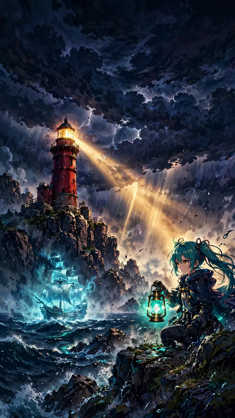 anime lighthouse keeper girl and ghost ship wallpaper