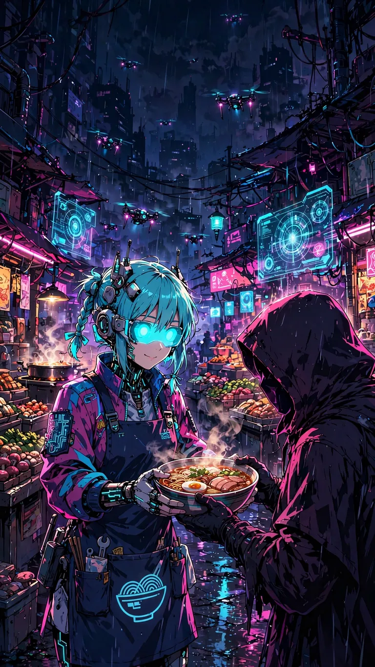 anime cyberpunk noodle market alley neon wallpaper