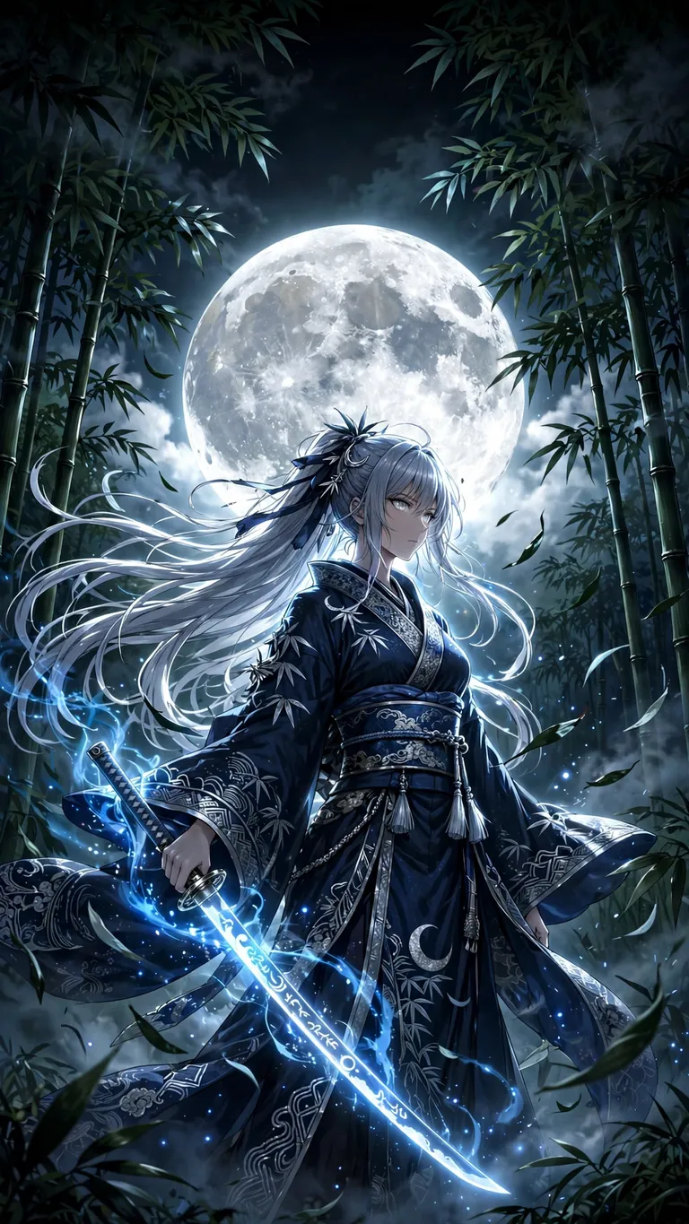 anime swordswoman in moonlit bamboo forest wallpaper