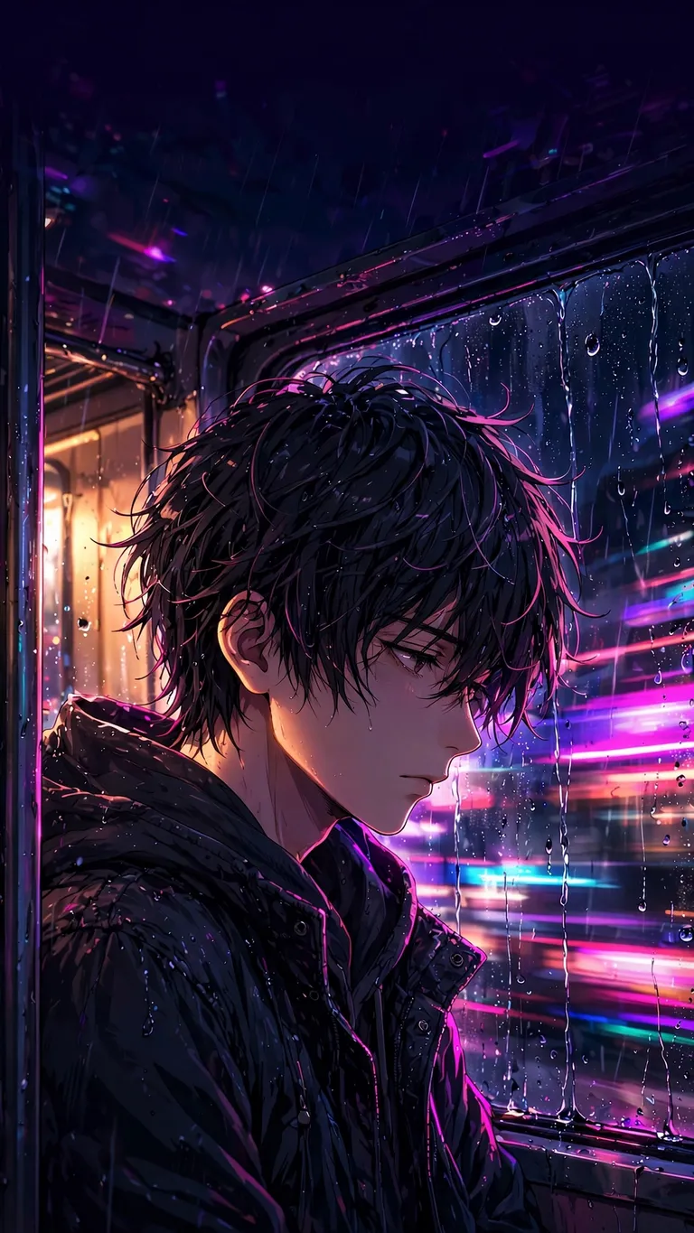 anime boy on rainy train at night neon wallpaper
