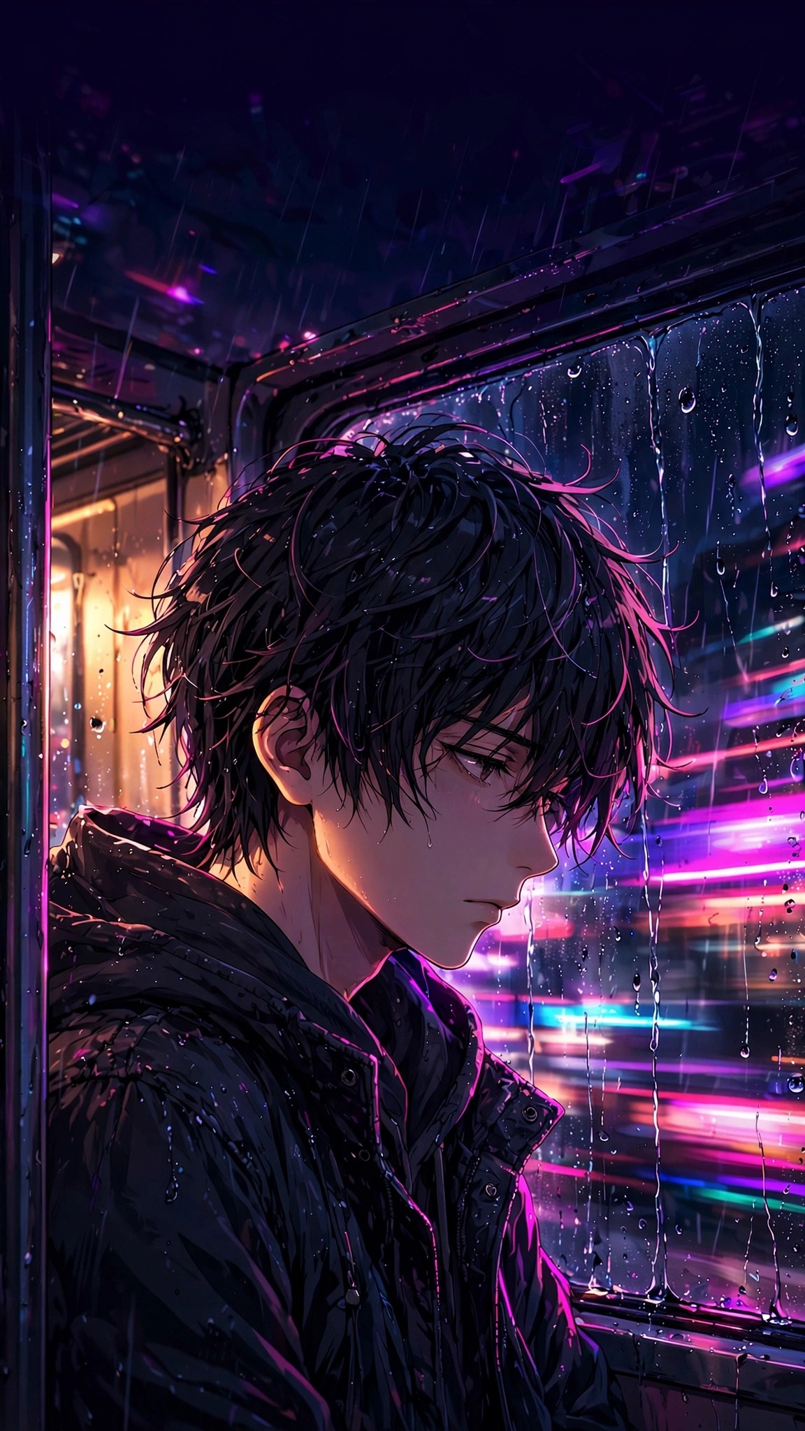 anime boy on rainy train at night neon wallpaper
