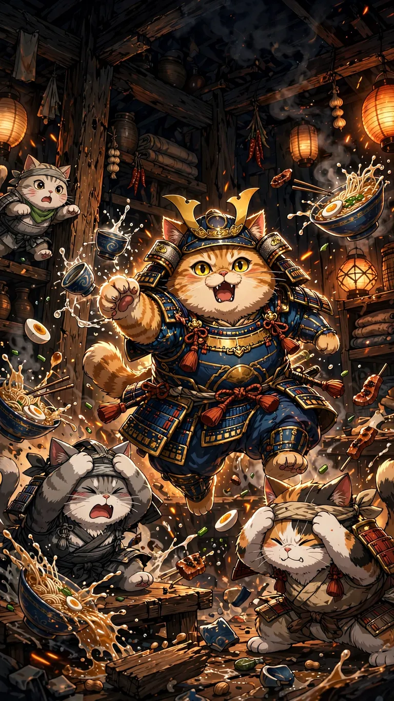 anime samurai cat tavern brawl wallpaper