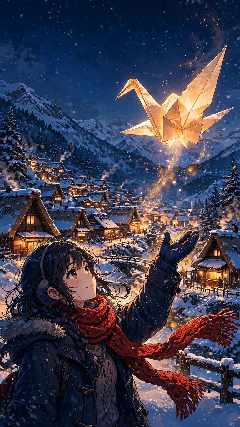 anime girl releasing glowing paper crane over snow village wallpaper