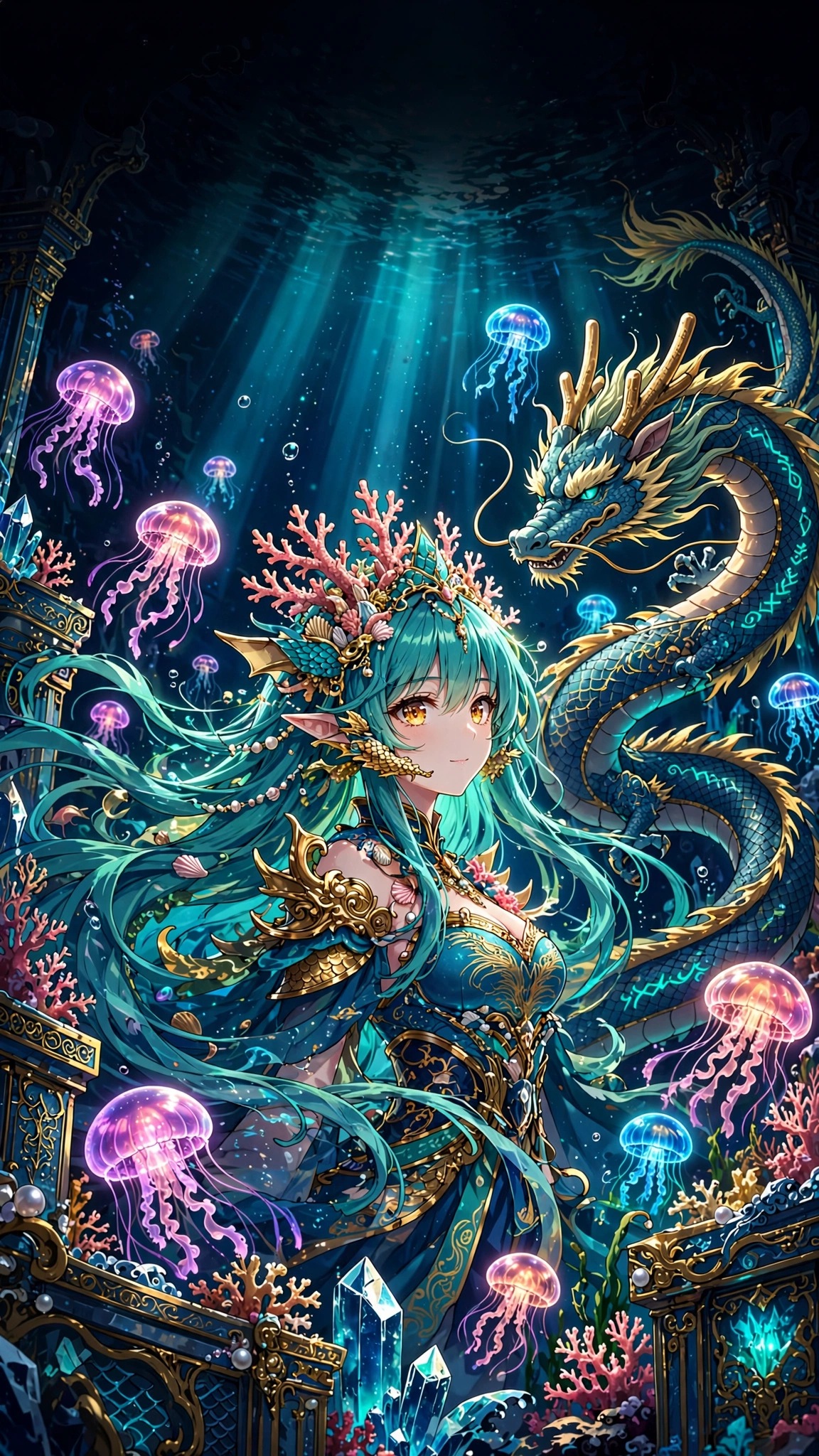 anime dragon princess in underwater crystal palace wallpaper