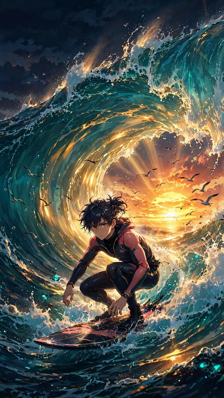 anime surfer on giant sunset wave wallpaper