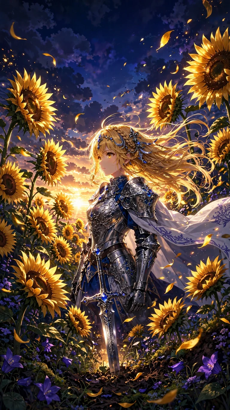 anime knight girl among sunflowers wallpaper