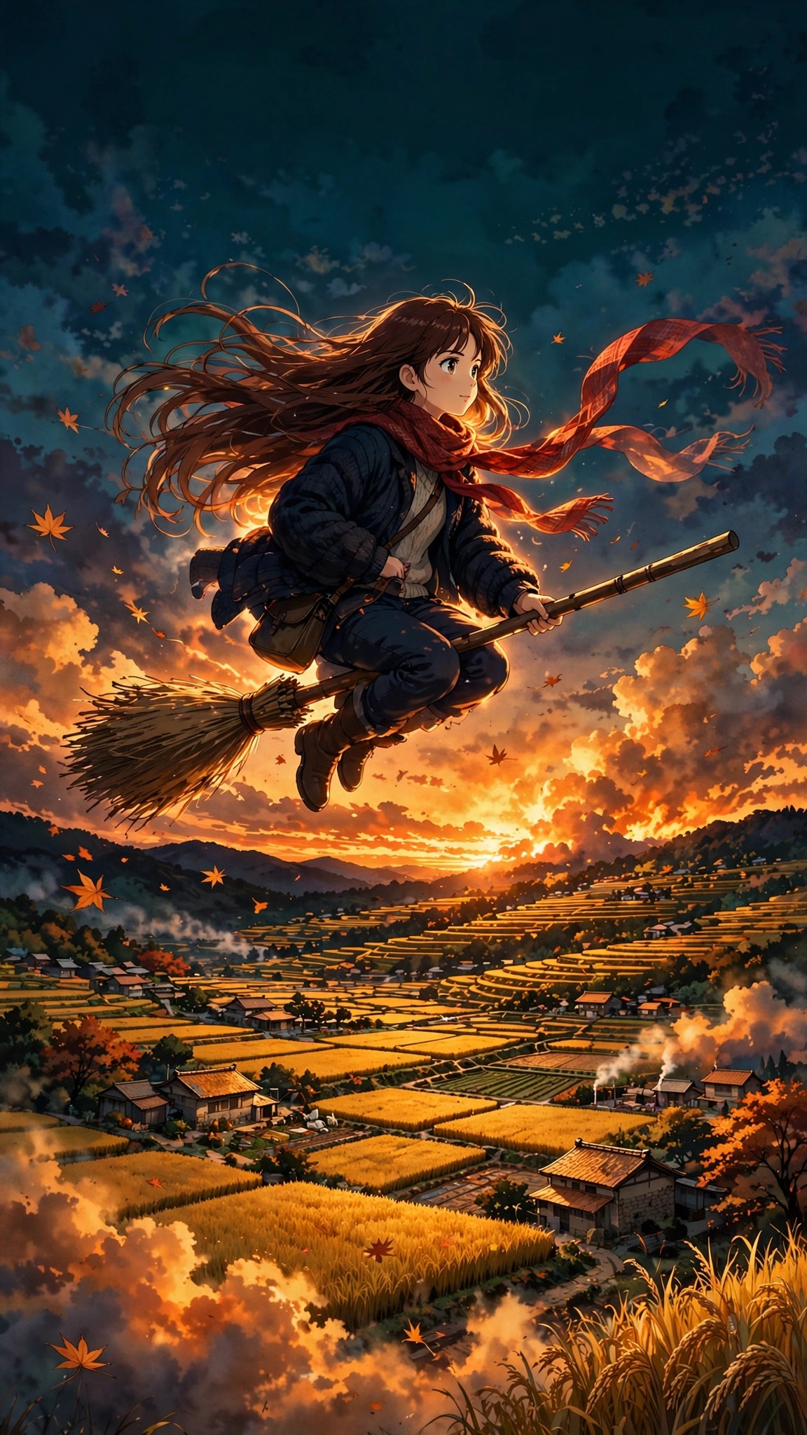 anime girl flying broom over rice fields wallpaper