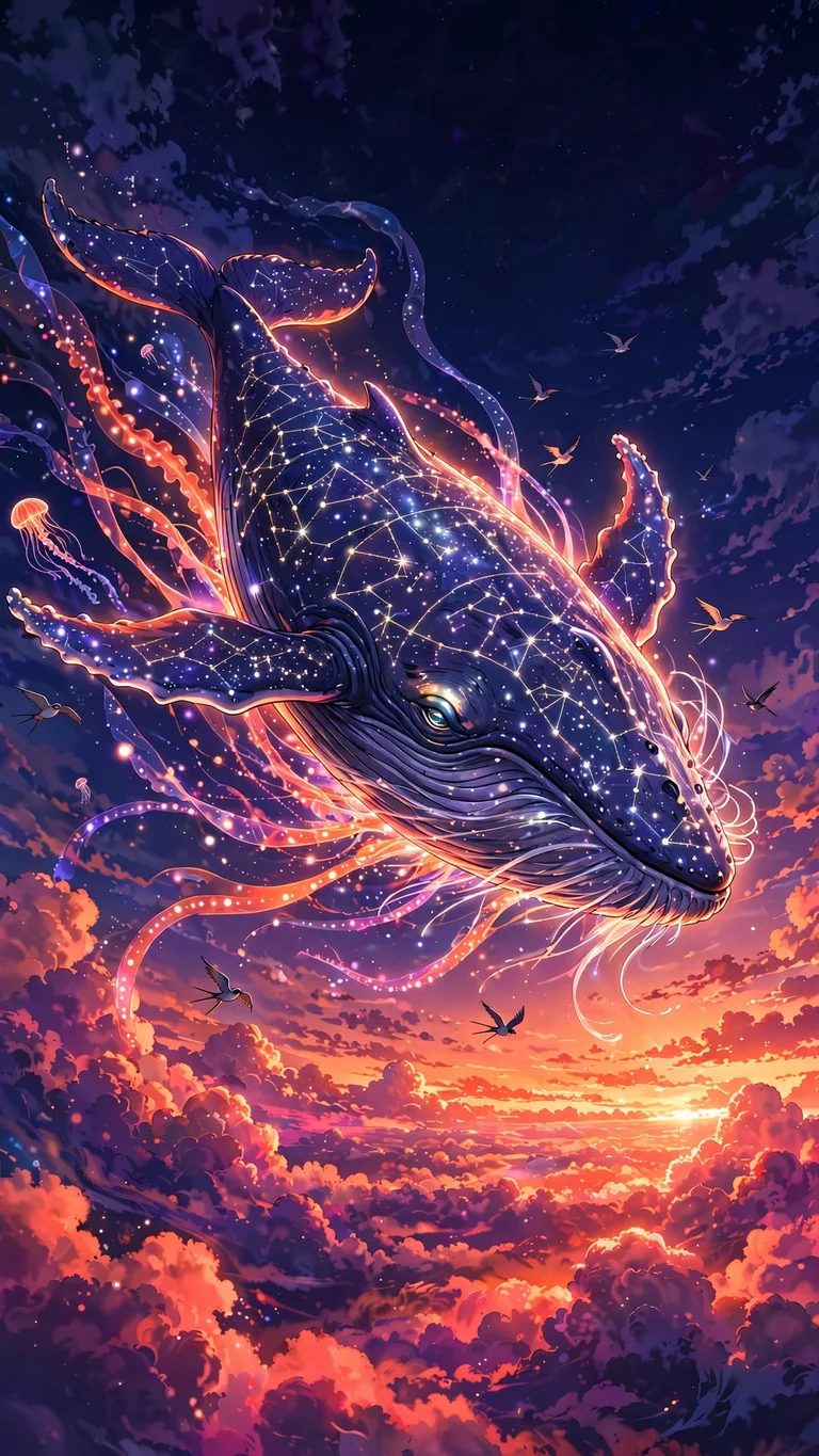 anime celestial whale in sunset clouds wallpaper