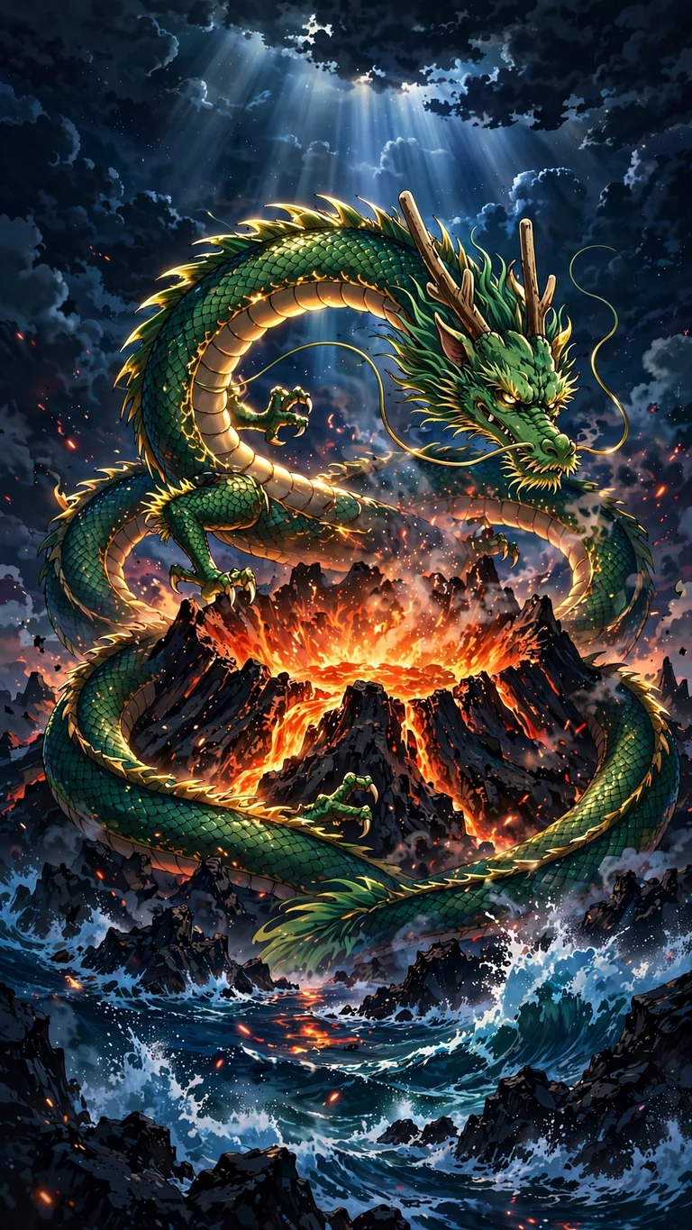 anime emerald dragon volcano wallpaper