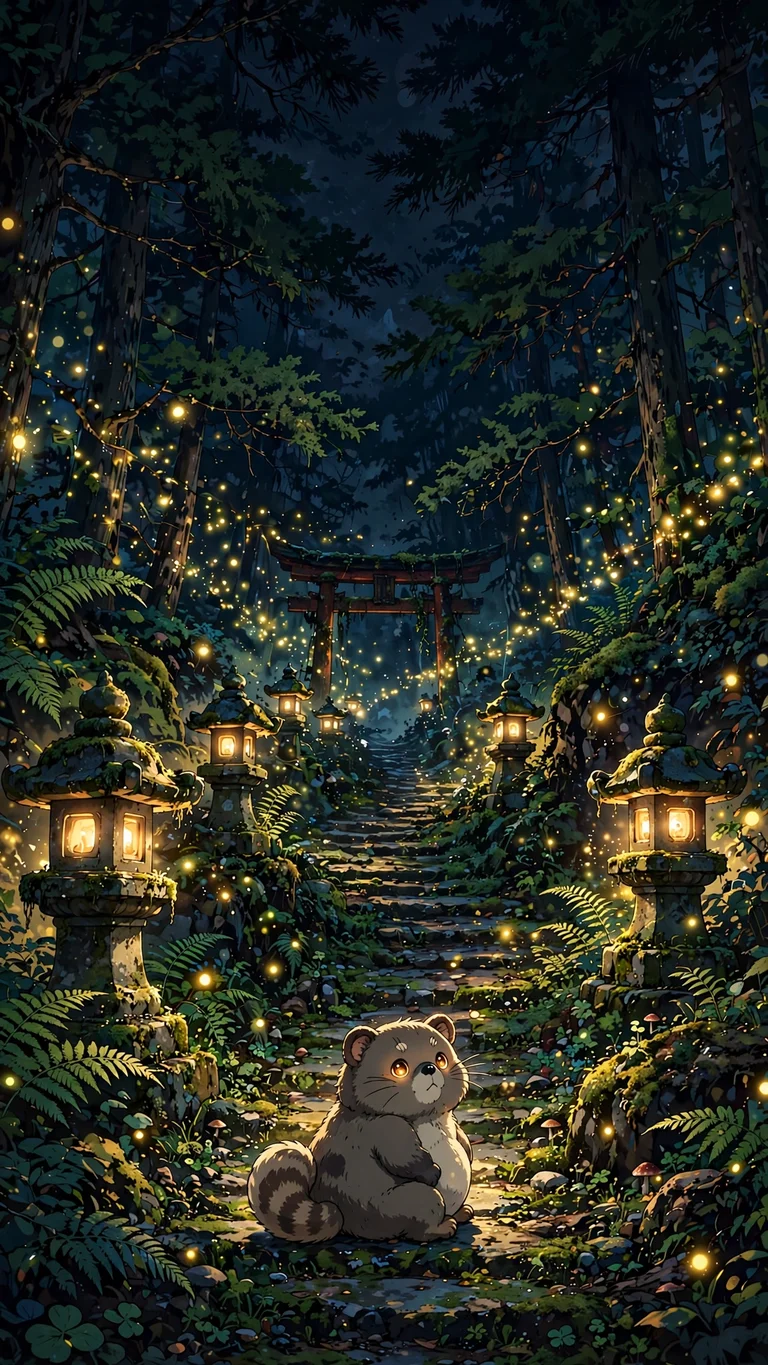 anime tanuki on firefly lantern path wallpaper